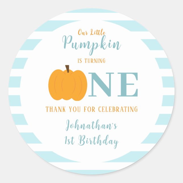 Little Pumpkin Pastel Blue First Birthday  Classic Round Sticker (Front)