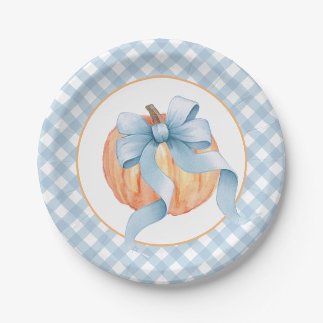Little Pumpkin pastel blue plaid first birthday Paper Plate (Front)