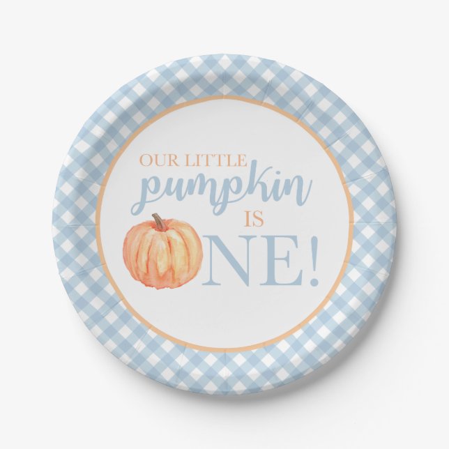 Little Pumpkin pastel blue plaid first birthday Paper Plate (Front)