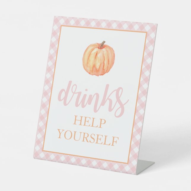 Little Pumpkin Pastel Pink Fall Birthday Drinks Pe Pedestal Sign (Front)