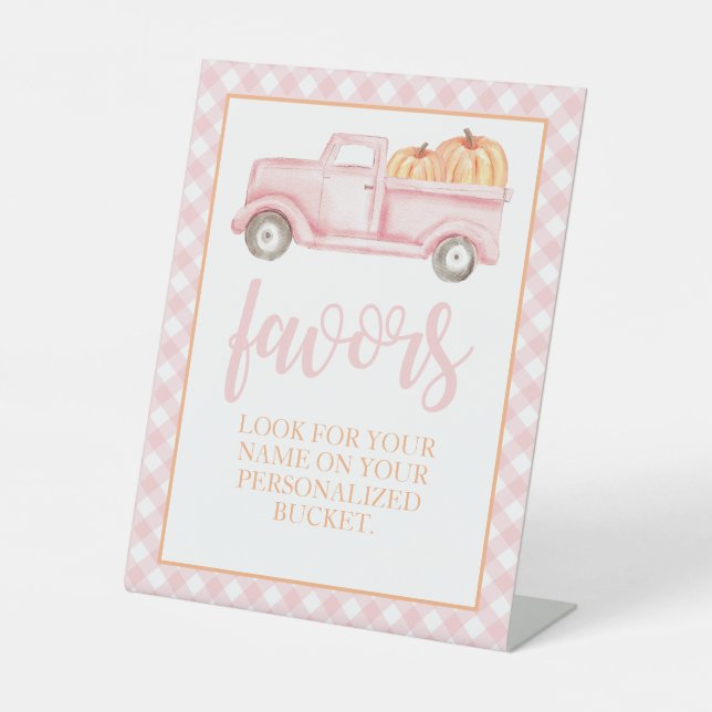 Little Pumpkin Pastel Pink Fall Birthday Favour Pedestal Sign (Front)