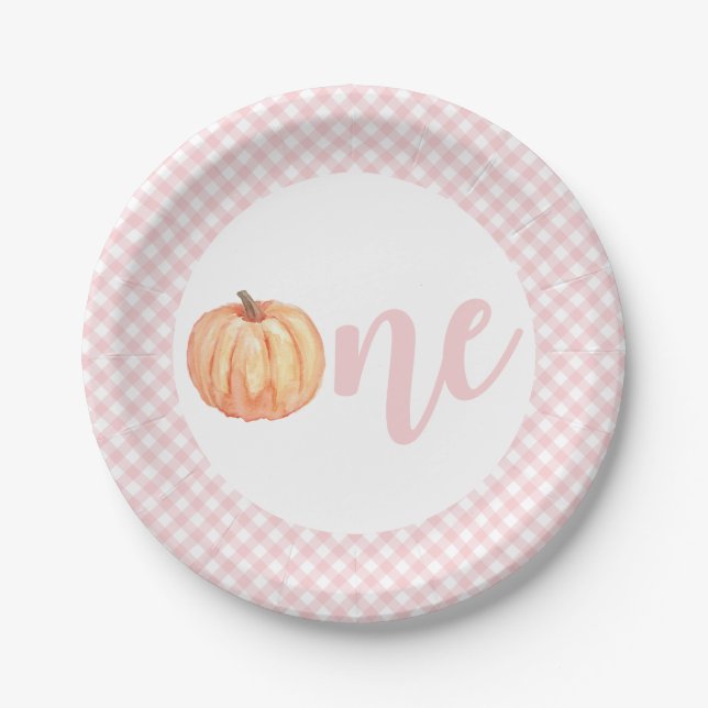 Little Pumpkin pastel pink plaid first birthday Pa Paper Plate (Front)