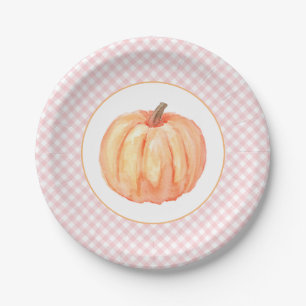 Little Pumpkin pastel pink plaid first birthday Paper Plate