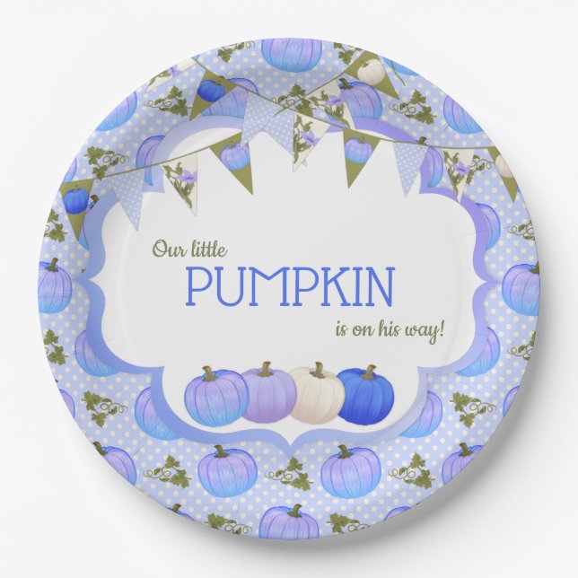 Little Pumpkin Patch Boy baby Shower Blue Lavender Paper Plate (Front)