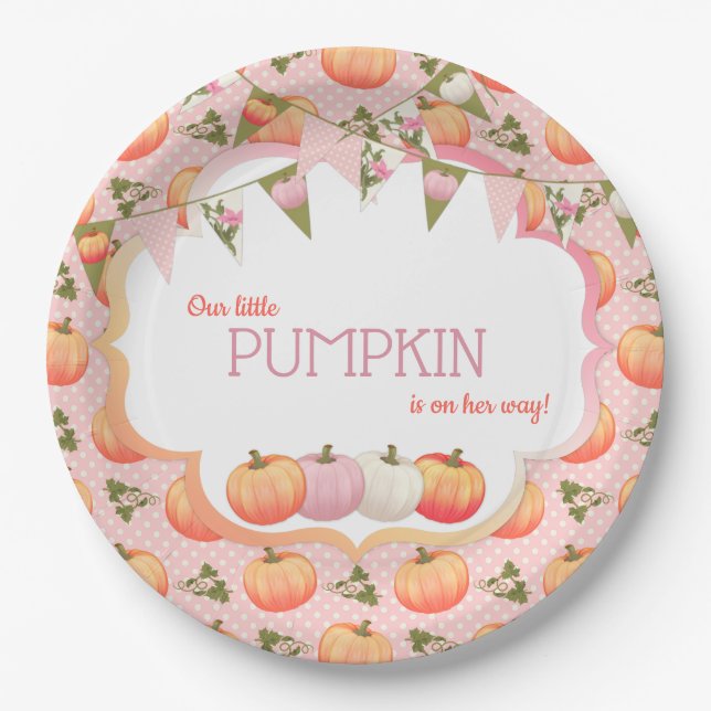 Little Pumpkin Patch Girl Baby Shower Pink Peach Paper Plate (Front)