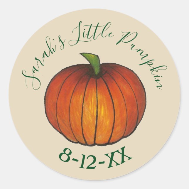 Little Pumpkin Personalised Baby Shower Birth Date Classic Round Sticker (Front)