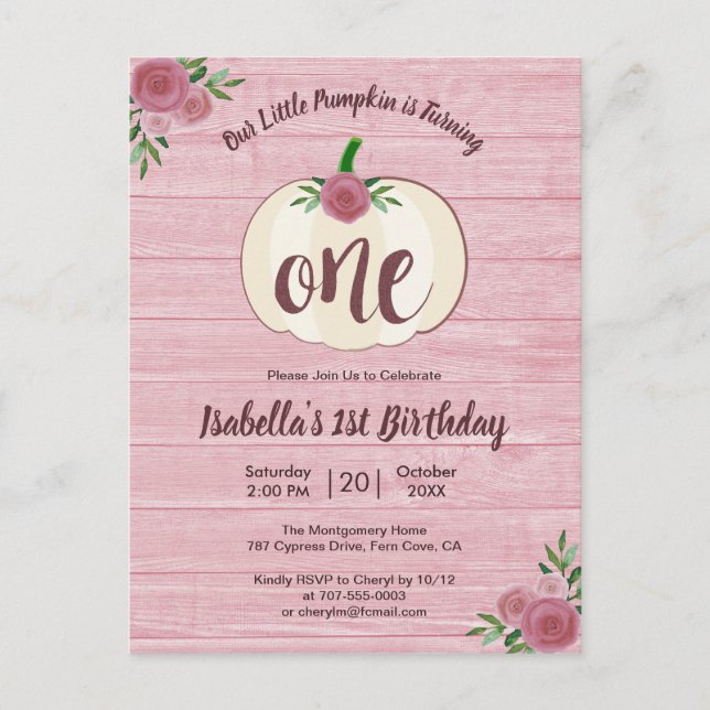Little Pumpkin Pink 1st Birthday Party Invitation Postcard (Front)