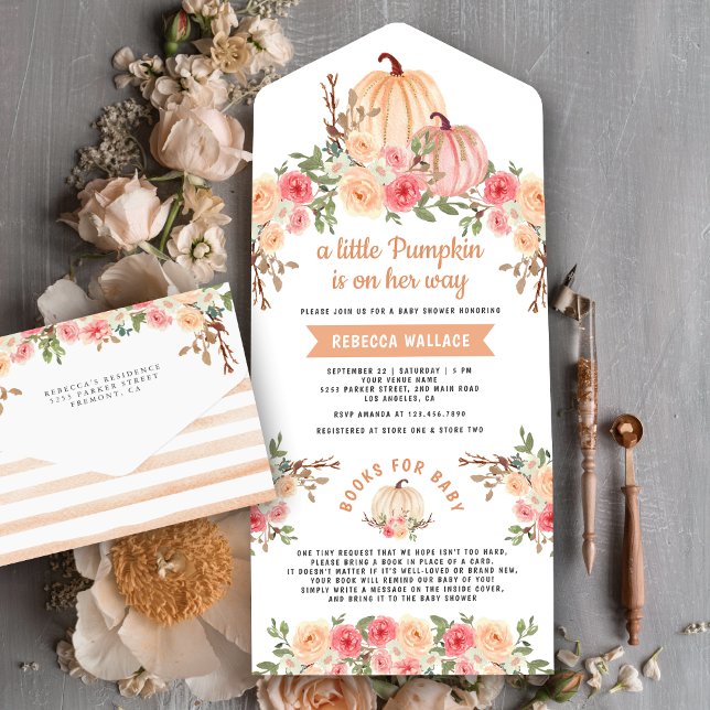 Little Pumpkin Pink and Peach Floral Baby Shower All In One Invitation (Creator Uploaded)