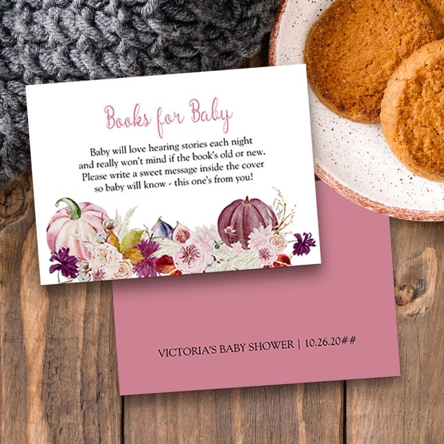 Little Pumpkin Pink Book Request Enclosure Card (Fall baby shower book reqeust enclosure card with pink pumpkins and sweet poem)