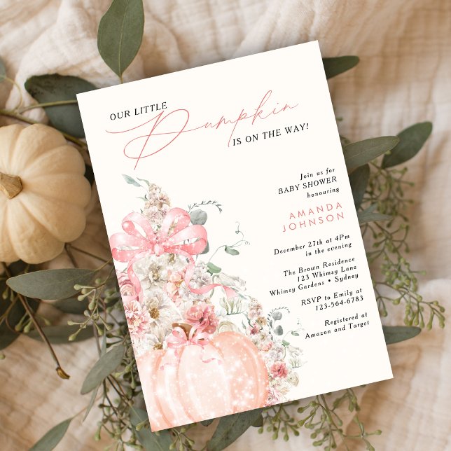 Little Pumpkin Pink bow Autumn October baby shower Invitation (Creator Uploaded)