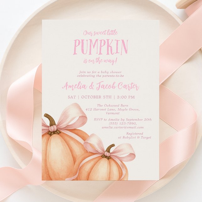 Little Pumpkin, pink bow,  Coquette baby shower  Invitation (Creator Uploaded)