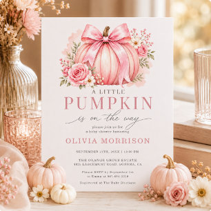 Little Pumpkin Pink Bow Girl Baby Shower  Invitation