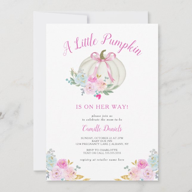 Little Pumpkin Pink Bow Girl Baby Shower Invitation (Front)