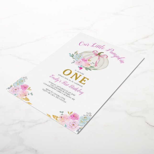 Little Pumpkin Pink Bow Girls 1st Birthday Gold (Rotated)