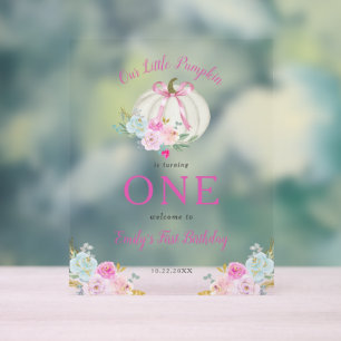 Little Pumpkin Pink Bow Girls 1st Birthday Welcome Acrylic Sign