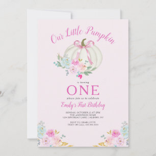 Little Pumpkin Pink Bow Girls First Birthday Invitation