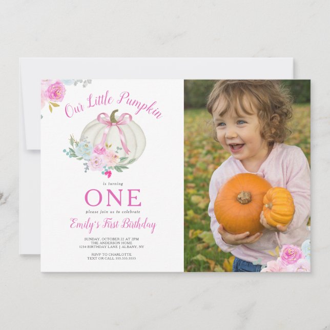 Little Pumpkin Pink Bow Girls First Birthday Photo Invitation (Front)