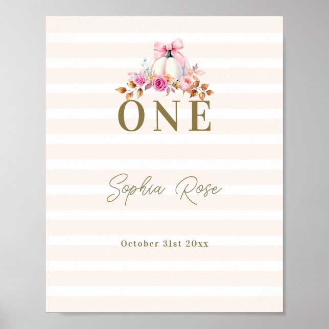 Little Pumpkin Pink Bow Roses 1st Birthday Welcome Poster (Front)