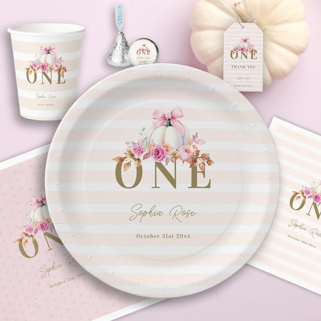 Little Pumpkin Pink Bow Roses 1st Elegant Birthday Paper Plate (our little pumpkin pink bow fall leaves girl first birthday paper plate watercolor elegant chic)