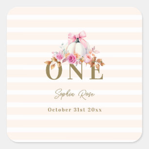Little Pumpkin Pink Bow Roses 1st Elegant Birthday Square Sticker