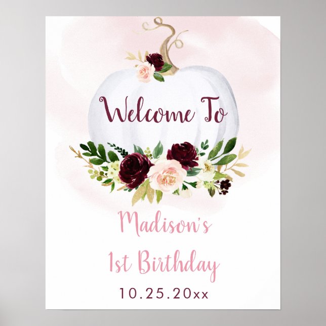 Little Pumpkin Pink Burgundy Birthday Welcome Poster (Front)