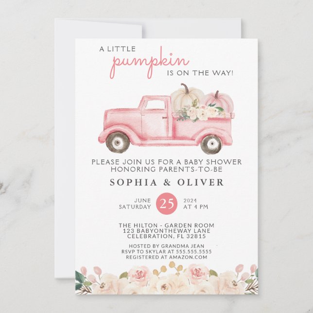 Little Pumpkin Pink Couples Baby Shower Invitation (Front)