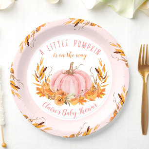 Little Pumpkin Pink Fall Autumn Girl Baby Shower Paper Plate