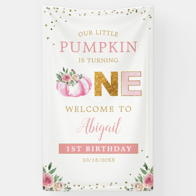 Little Pumpkin Pink Floral 1st Birthday Welcome Banner (Vertical)