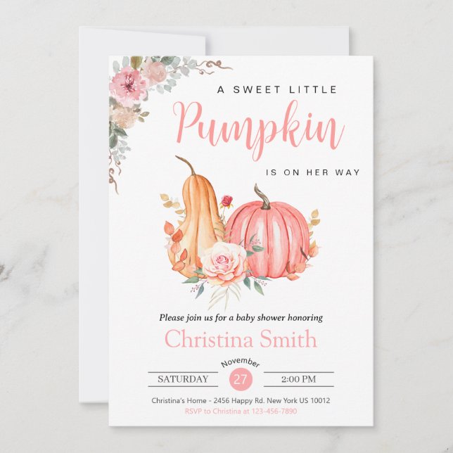 Little Pumpkin Pink Floral Baby Girl Shower Invitation (Front)