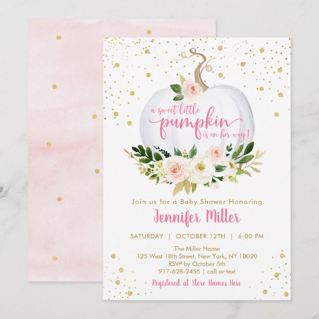 Little Pumpkin Pink Floral Baby Shower Invitation (Front/Back)