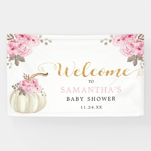 Little Pumpkin Pink Floral Baby Shower Welcome Banner (Horizontal)