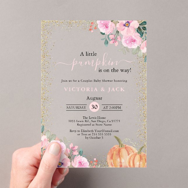 Little Pumpkin Pink Floral Fall Baby Shower Acrylic Invitations (Insitu (Handheld))