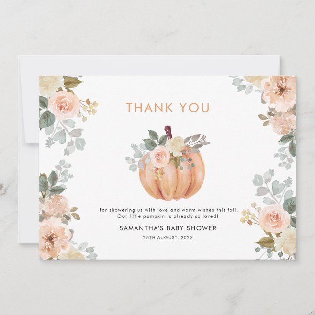 Little Pumpkin Pink Floral Fall Baby Shower  Thank You Card (Front)