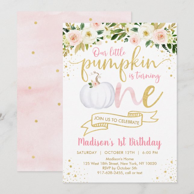 Little Pumpkin Pink Floral First Birthday Invitation (Front/Back)