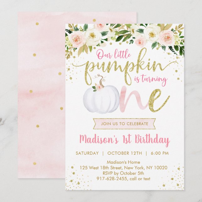 Little Pumpkin Pink Floral First Birthday Invitation (Front/Back)
