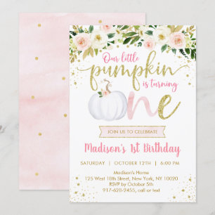 Little Pumpkin Pink Floral First Birthday Invitation