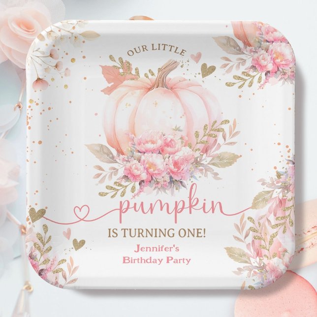 Little Pumpkin Pink Floral Girl Fall 1st Birthday Paper Plate (Creator Uploaded)