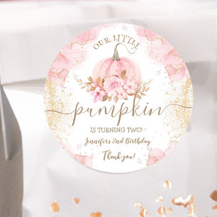 Little Pumpkin Pink Floral Girl Fall 2nd Birthday Classic Round Sticker