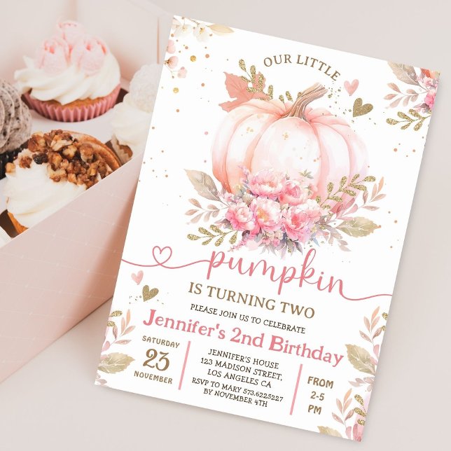 Little Pumpkin Pink Floral Girl Fall 2nd Birthday  Invitation (Creator Uploaded)