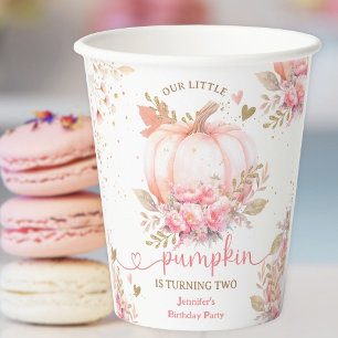 Little Pumpkin Pink Floral Girl Fall 2nd Birthday Paper Cups