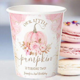 Little Pumpkin Pink Floral Girl Fall 2nd Birthday Paper Cups