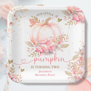 Little Pumpkin Pink Floral Girl Fall 2nd Birthday Paper Plate