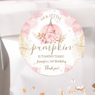 Little Pumpkin Pink Floral Girl Fall 3rd Birthday Classic Round Sticker