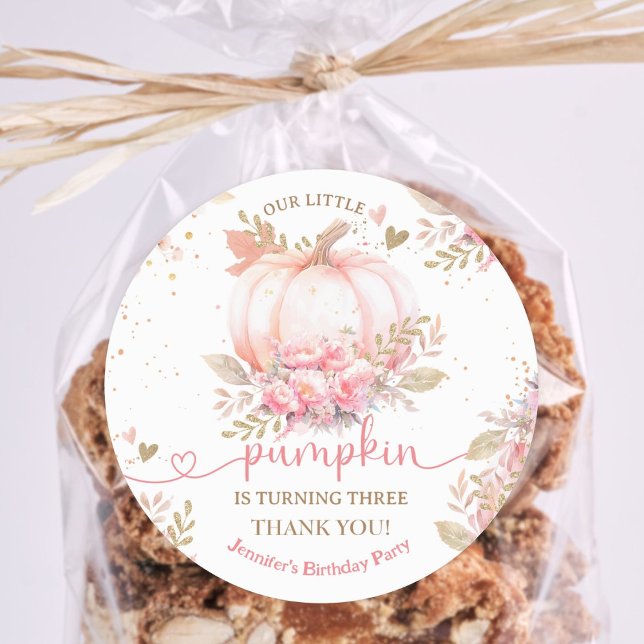 Little Pumpkin Pink Floral Girl Fall 3rd Birthday Classic Round Sticker (Creator Uploaded)