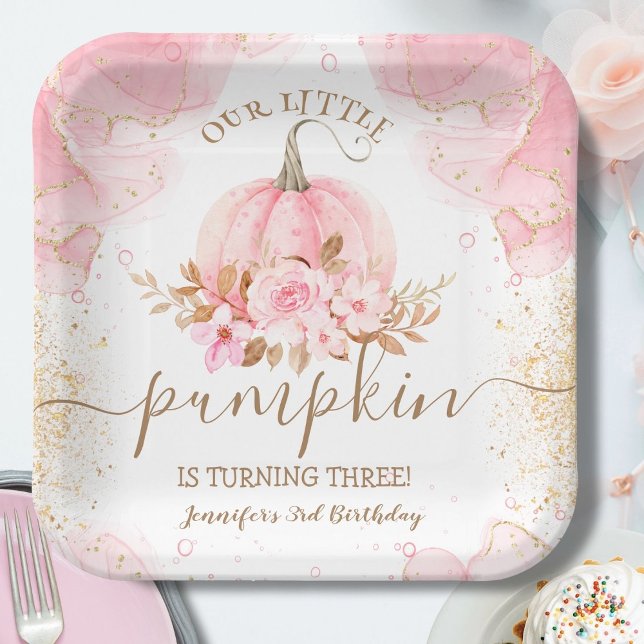 Little Pumpkin Pink Floral Girl Fall 3rd Birthday Paper Plate (Creator Uploaded)
