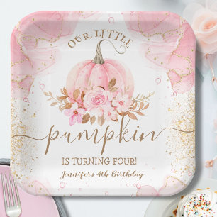 Little Pumpkin Pink Floral Girl Fall 4th Birthday Paper Plate