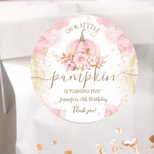 Little Pumpkin Pink Floral Girl Fall 5th Birthday Classic Round Sticker