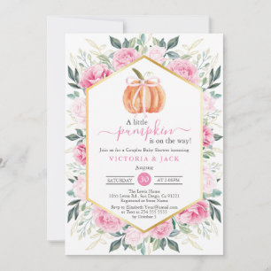 Little Pumpkin Pink Floral Leaves Fall Baby Shower Invitation