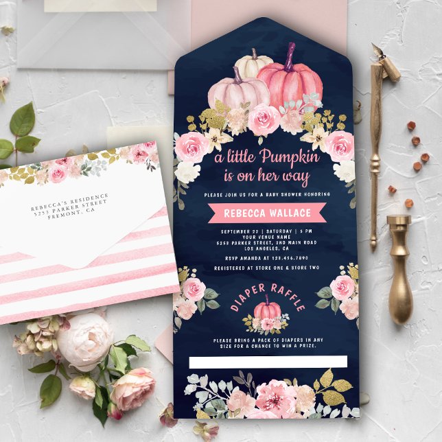 Little Pumpkin Pink Floral Navy Blue Baby Shower All In One Invitation (Creator Uploaded)