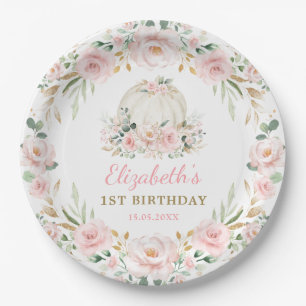 Little Pumpkin Pink Floral Wreath Girls Birthday Paper Plate